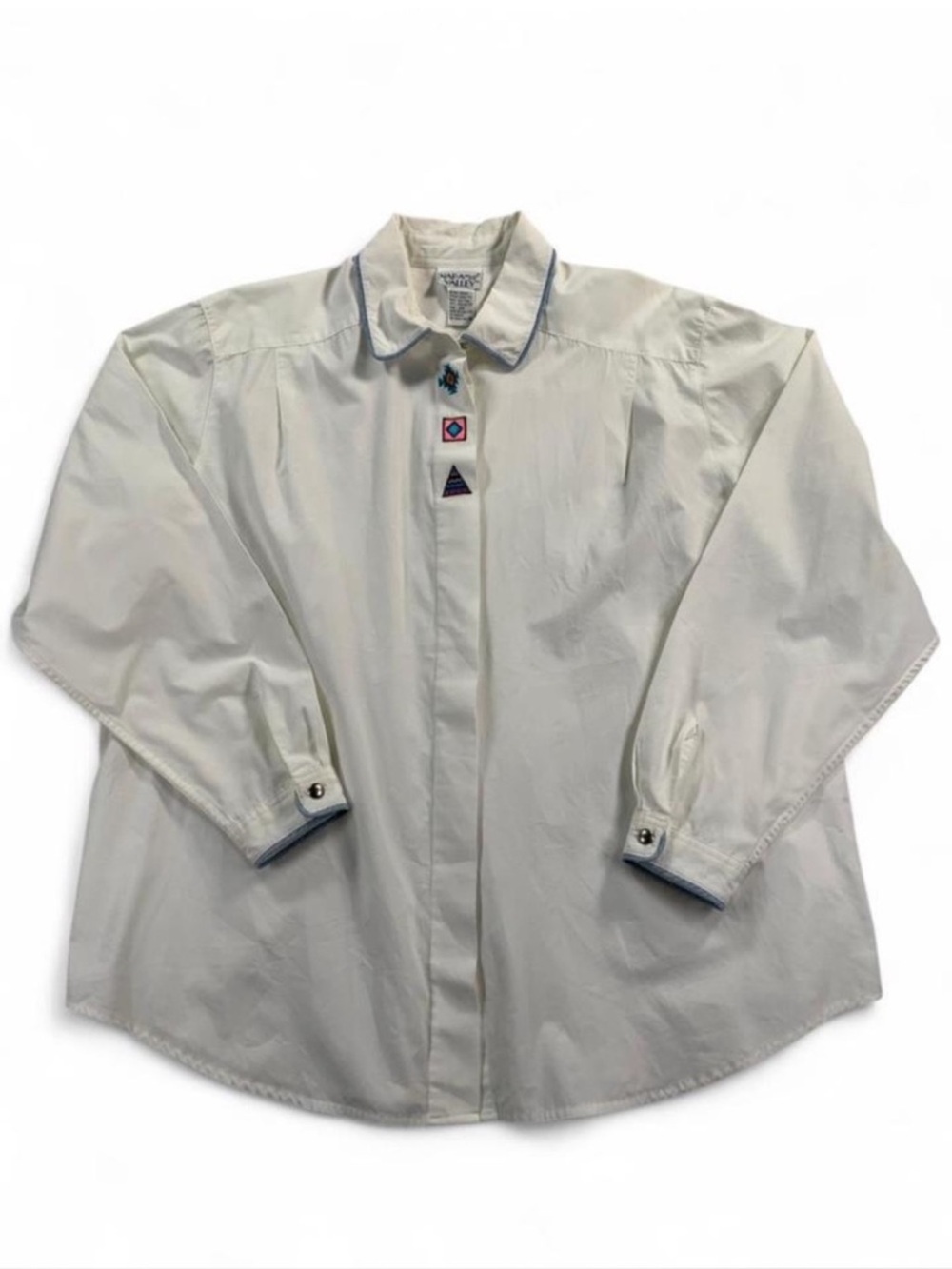 90s Napa Valley Geometric Embroidered White Button-Front Shirt Denim Trim 2X